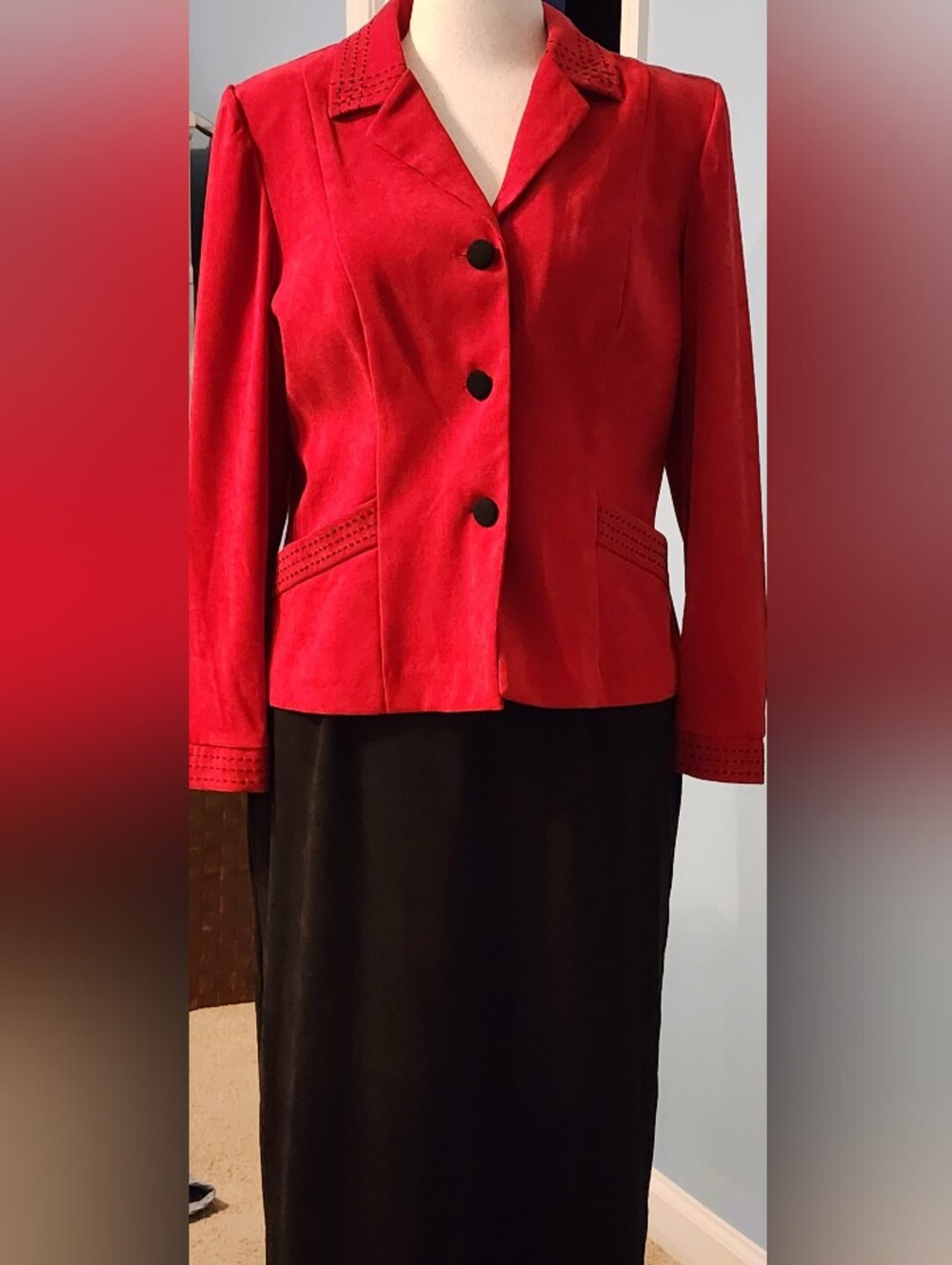 Koret Red Tailored Button Blazer With SKIRT, Suade Like Material